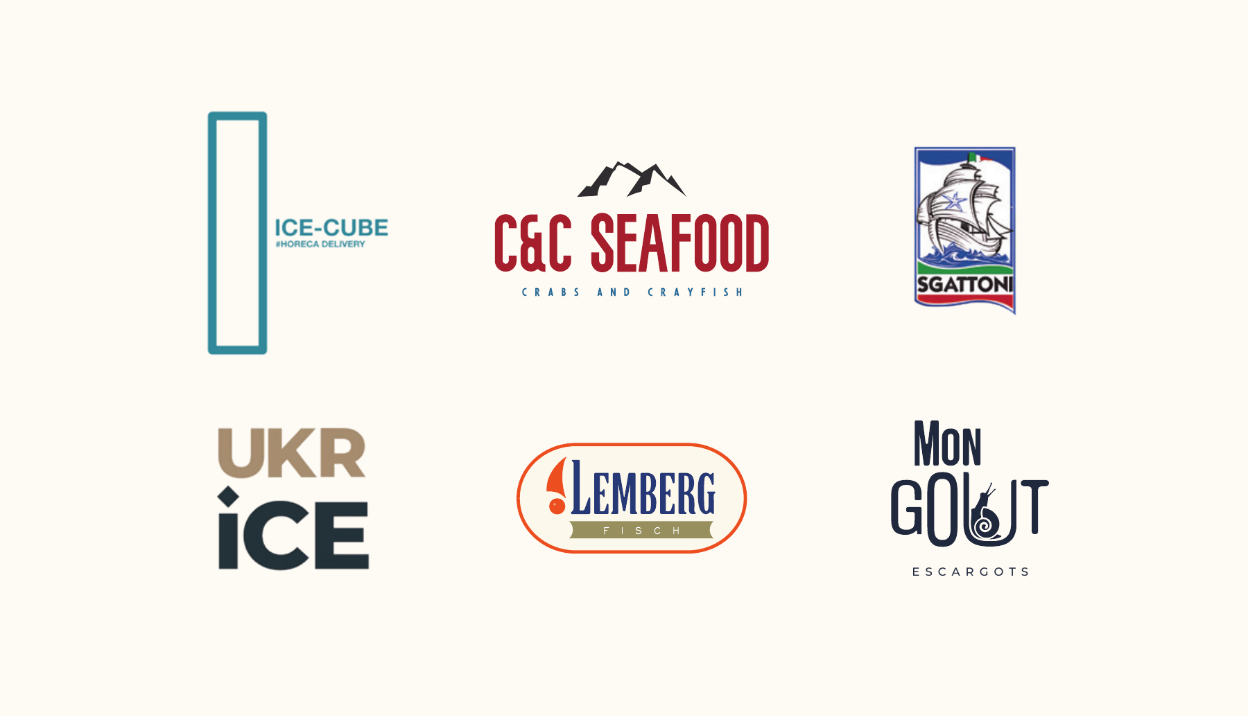 Логотипи торгових марок ICE-CUBE, C&C Seafood, Sgattoni, UKR ICE, Lemberg Fisch та Mon Goût